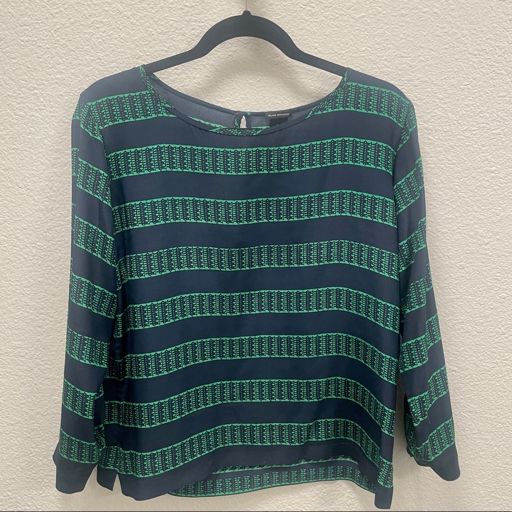 Club Monaco 100% Silk Green Navy Long-Sleeved Blouse